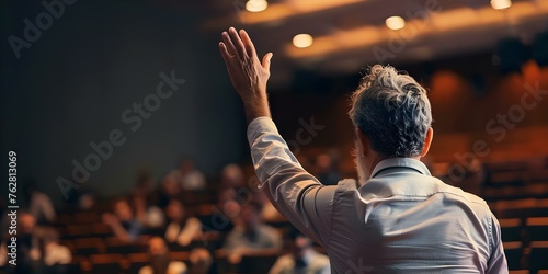 A professional man raises hand during seminar in crowded convention center. Concept Business Events, Public Speaking, Professional Development, Crowded Spaces, Education