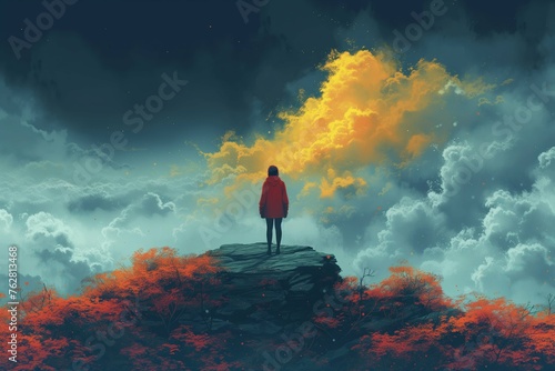  A lone figure atop a rock contemplates the fiery clouds, surrounded by a stormy sky