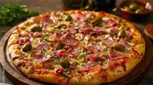 Pizza with ham, pepper and olives.