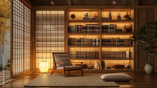 Japandi reading nook with a low chair, wooden bookshelves, and soft lighting photo