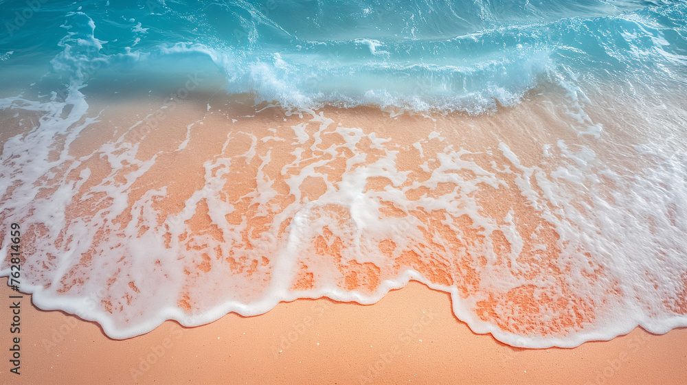 Fototapeta premium The soft, warm glow of sunset illuminates a tranquil beach scene where gentle waves create frothy patterns as they wash ashore on smooth sand - Generative AI