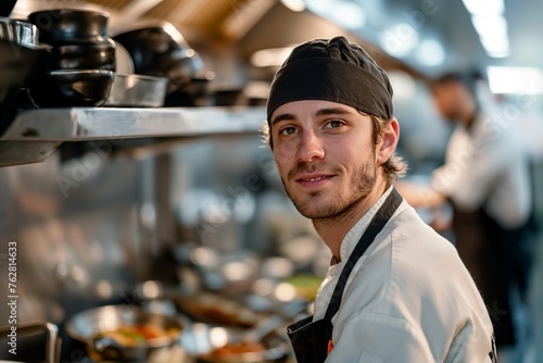 Portrait of young chef standing in commercial kitchen at restaurant