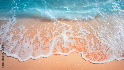 The soft, warm glow of sunset illuminates a tranquil beach scene where gentle waves create frothy patterns as they wash ashore on smooth sand - Generative AI