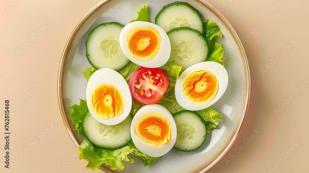 a white plate topped with cucumber, hard boiled eggs, lettuce, tomato and lettuce.