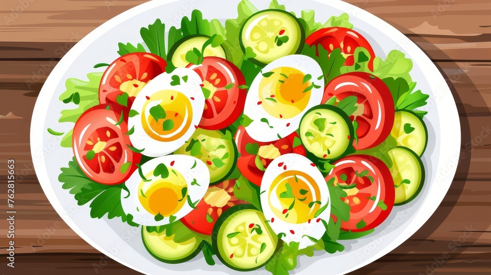 a white plate topped with sliced up tomatoes and sliced cucumber on top of a green leafy salad.