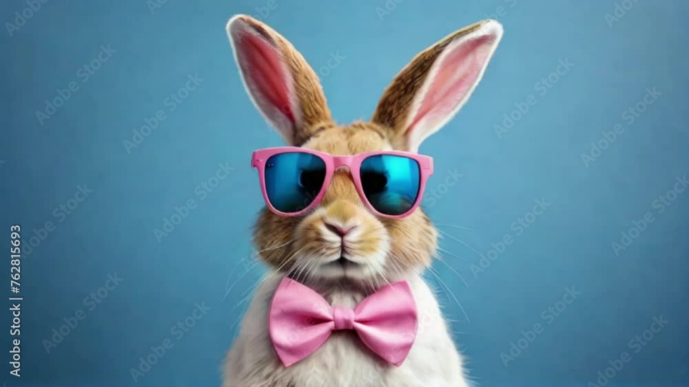 Funny easter animal pet - Easter bunny rabbit with sunglasses, shirt and bow tie, giving thumb up, isolated on blue color background created with generative ai	