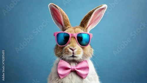Funny easter animal pet - Easter bunny rabbit with sunglasses, shirt and bow tie, giving thumb up, isolated on blue color background created with generative ai	 photo
