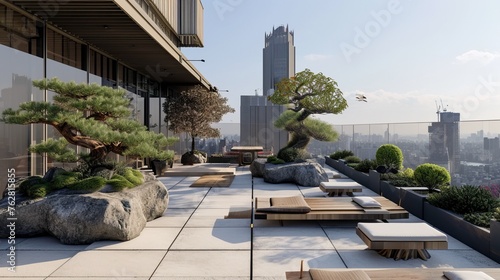 Japandi rooftop lounge with modular seating, bonsai trees, and panoramic city views