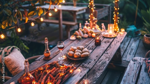 a wooden table topped with a plate of food next to a wooden table covered in candles and plates of food.