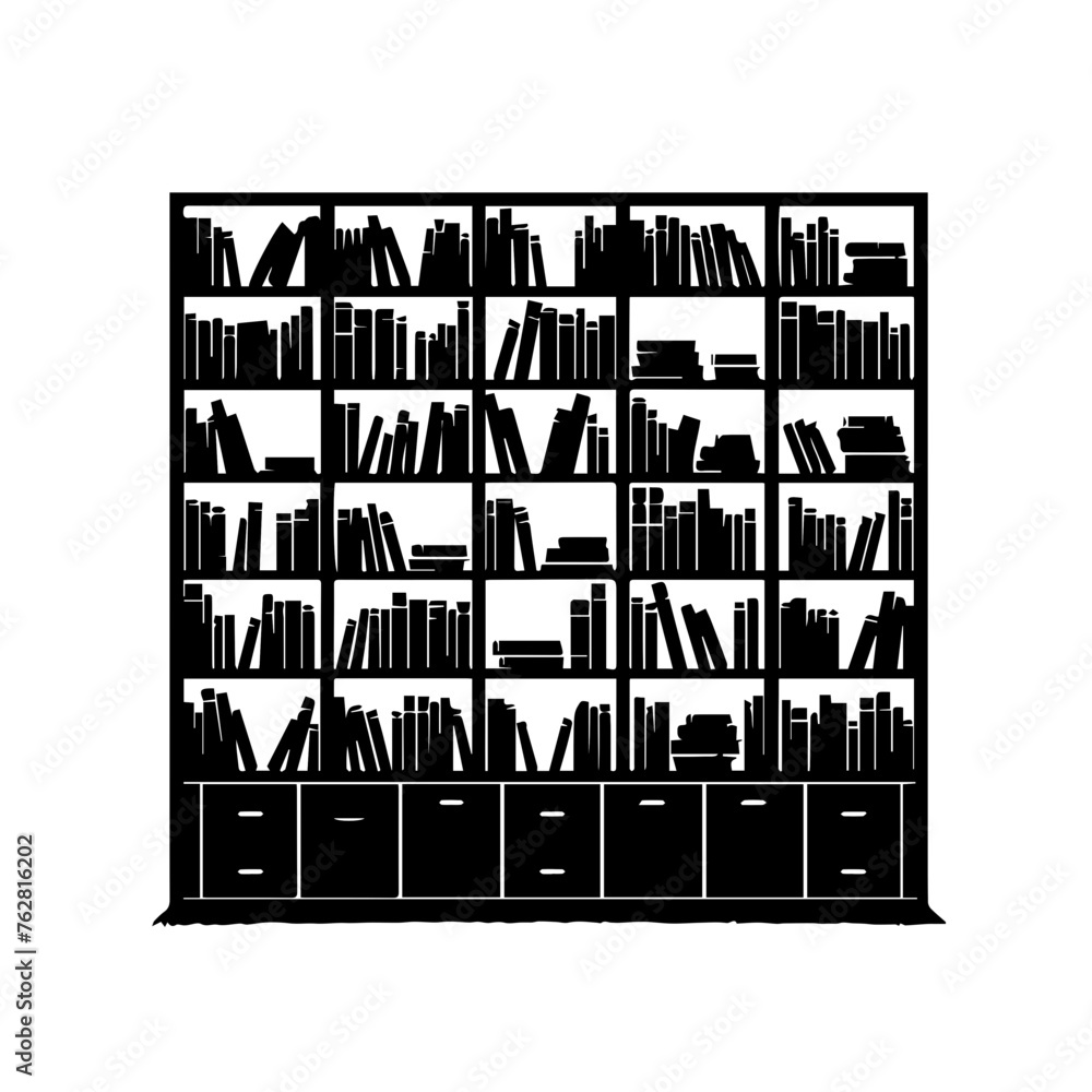 Black silhouette of library with full of books, editable vector SVG, generated with AI