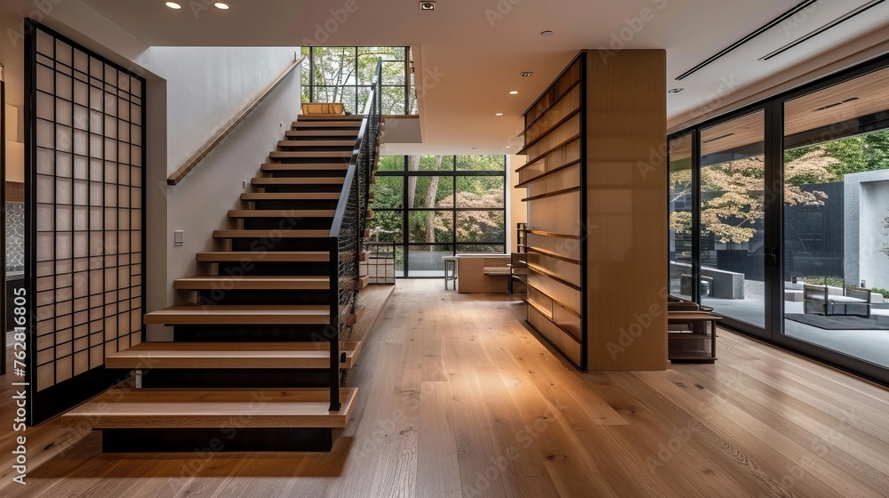 Japandi staircase with wooden steps, black handrails, and shoji screen accents Japandi staircase with wooden steps, black handrails, and shoji screen accents