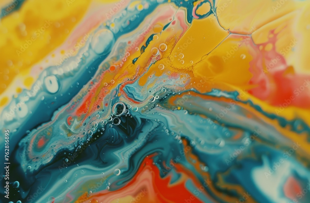 a close up of an abstract painting with water drops and colors of blue, yellow, red, and orange.