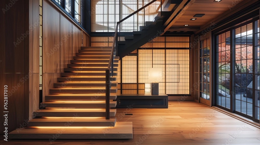 Japandi staircase with wooden steps, black handrails, and shoji screen ...