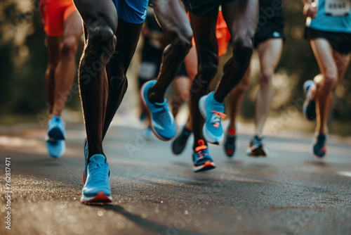Athletes wearing footwear and active shorts running marathon on asphalt road