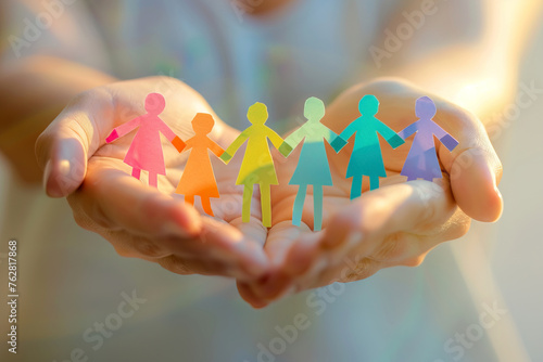 Hand palms holding paper cuts of people shape with the colors of the rainbow. Pride month, inclusion, LGBT community concept photo