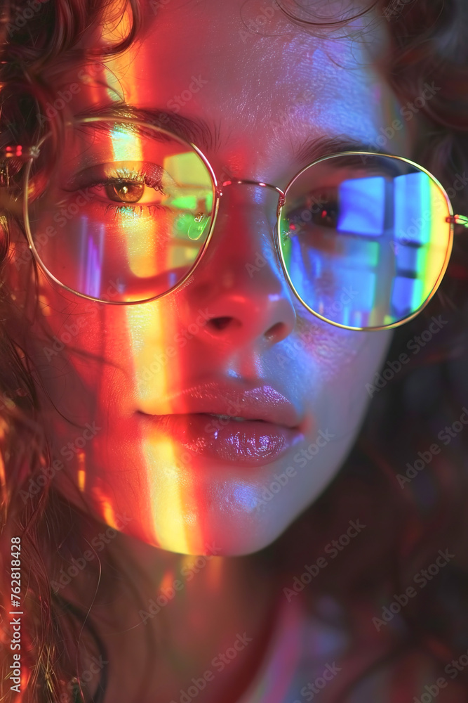 Close up female face portrait wearing eye glasses and looking at camera with rainbow reflection of light on her face. ride month conceptual vertical shot Close up female face portrait wearing eye glasses and looking at camera with rainbow reflection of light on her face. ride month conceptual vertical shot