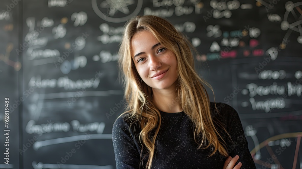Portrait of a beautiful young woman in front of a blackboard Portrait of a beautiful young woman in front of a blackboard