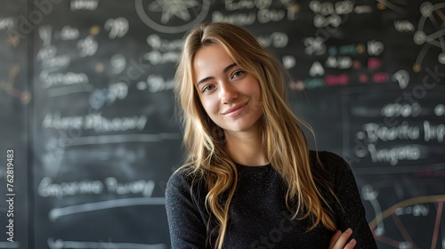 Portrait of a beautiful young woman in front of a blackboard