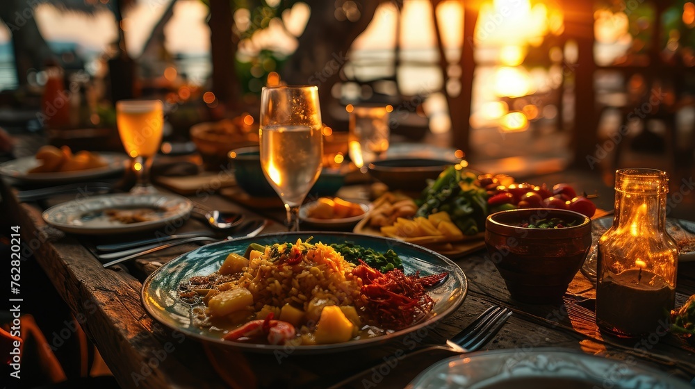 A bowl of rice and seafood in a restaurant by the seashore. Thai cuisine.