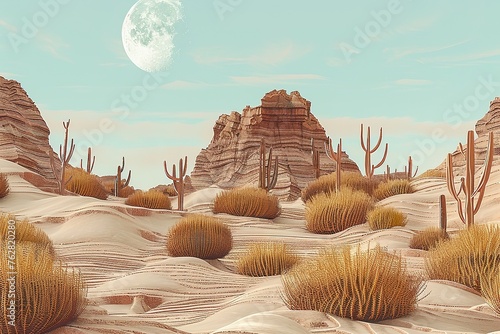3d desert surrounded by cacti, cactus, light blue and yellow, chamisa bushes, moon peeking out in the sky like a fictional world. Minimalist landscapes. Cartoon photo