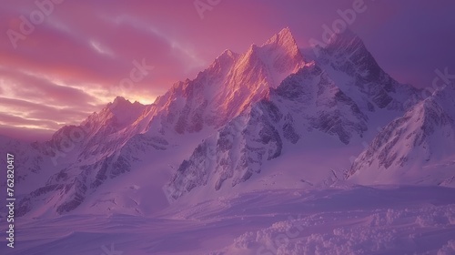 a mountain range covered in snow under a purple and pink sky with clouds in the background and a pink and purple sky in the foreground.