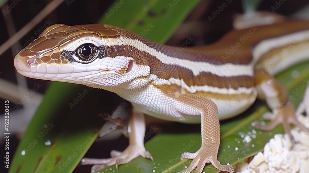 Obraz premium a brown and white lizard sitting on top of a lush green leafy plant filled with lots of white flowers.