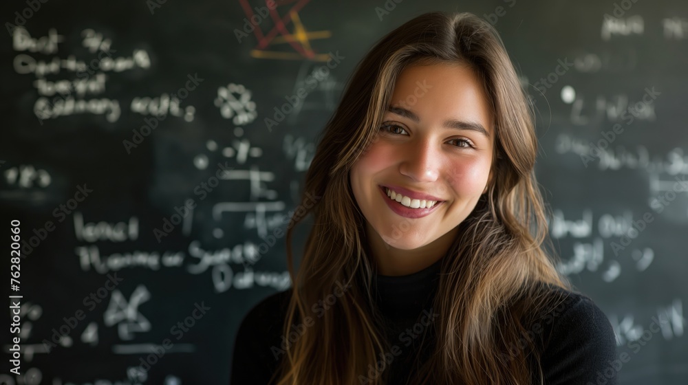 Portrait of smiling female student standing in front of blackboard in classroom Portrait of smiling female student standing in front of blackboard in classroom