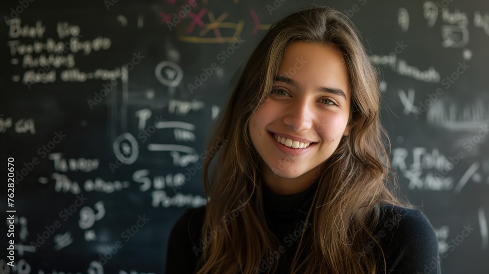 Portrait of smiling female student standing in front of blackboard in classroom Portrait of smiling female student standing in front of blackboard in classroom