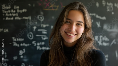 Portrait of smiling female student standing in front of blackboard in classroom