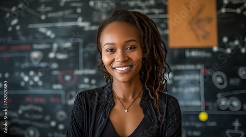 Portrait of smiling female student standing in front of blackboard in classroom