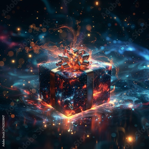 A gift box floating in a starry void ribbons swirling like galaxies