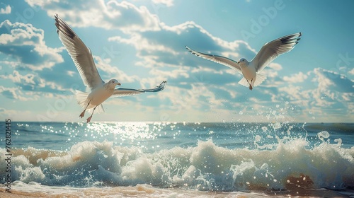 Seagulls soaring above sandy shores waves gently crashing © Naret