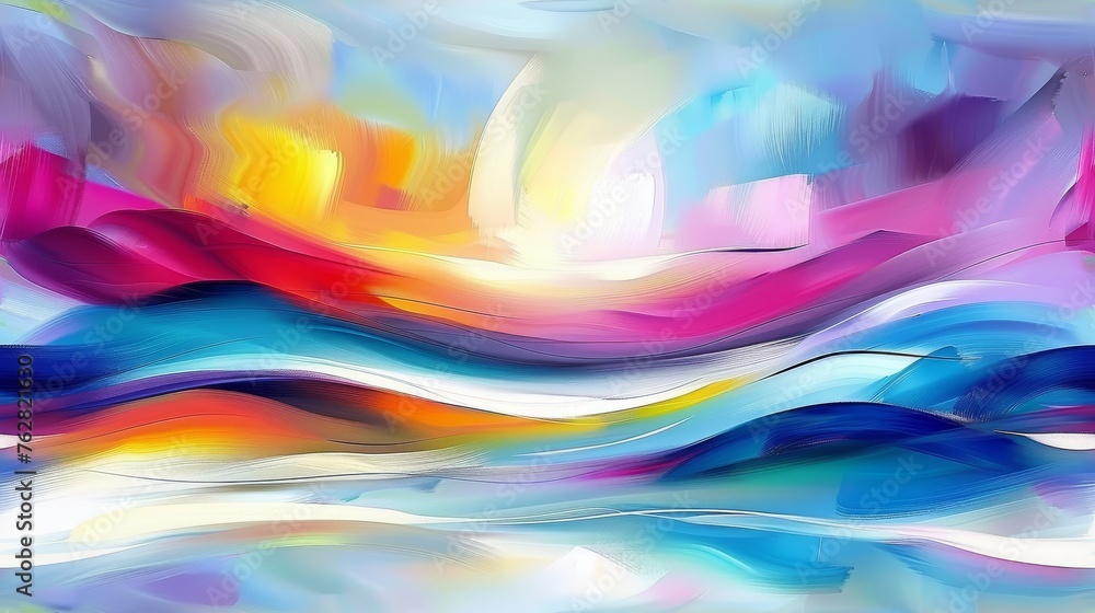 a painting of a multicolored wave with a blue sky in the background and white clouds in the foreground.