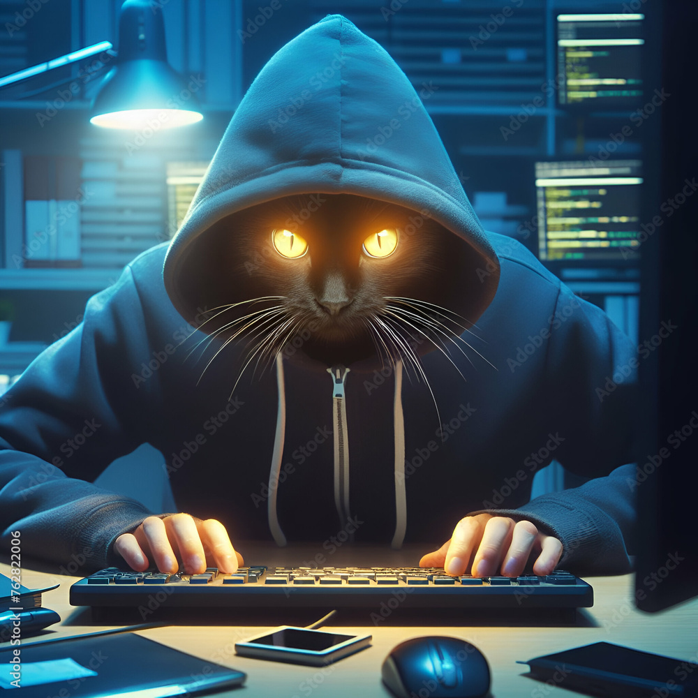 Cat Computer Hacker Mysterious Blue Hooded Raincoat Gray Cat Hacker Programmer Developer ...