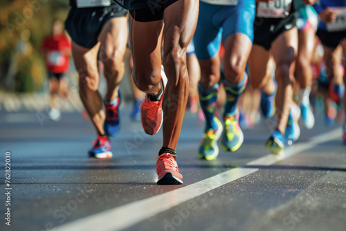Athletes wearing footwear and active shorts running marathon on asphalt road © Mkorobsky