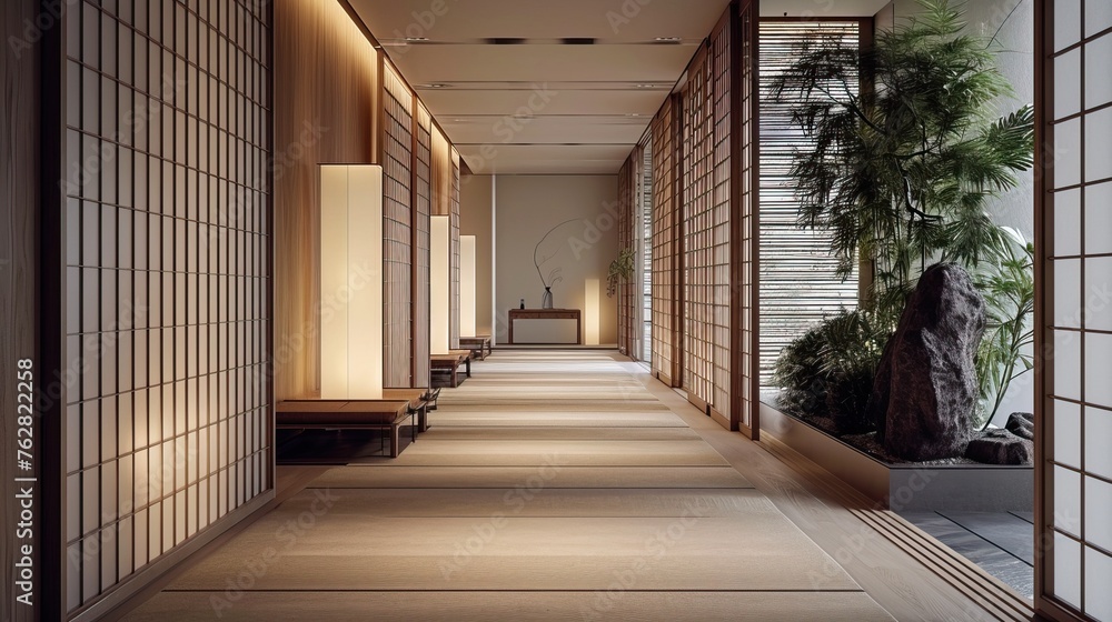 Modern hallway with Japandi elements, sliding screens, and a touch of greenery