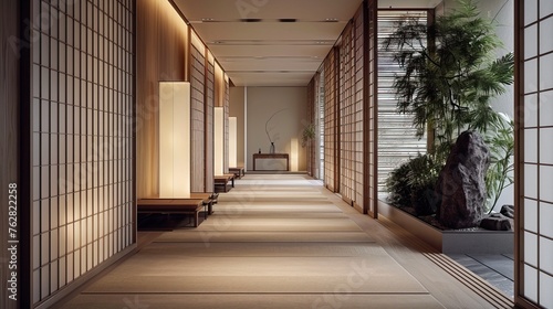 Modern hallway with Japandi elements, sliding screens, and a touch of greenery