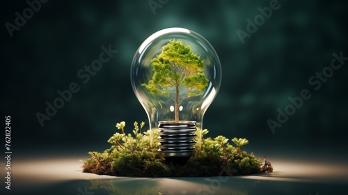 A light bulb with a tree inside, on dirt ground, green background, a white line drawing of the sun in the top left corner. The lightbulb shape has an outline that resembles energy waves or wind, repre