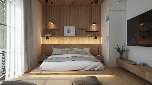Neutral bedroom with warm wood accents, a low bed, and adjustable wall-mounted reading lights