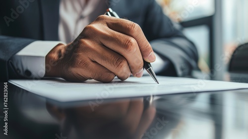 A businessman engaging in the validation and management of business documents, including the signing and approval of contracts and warranties, highlighting the formalities of business agreements  photo