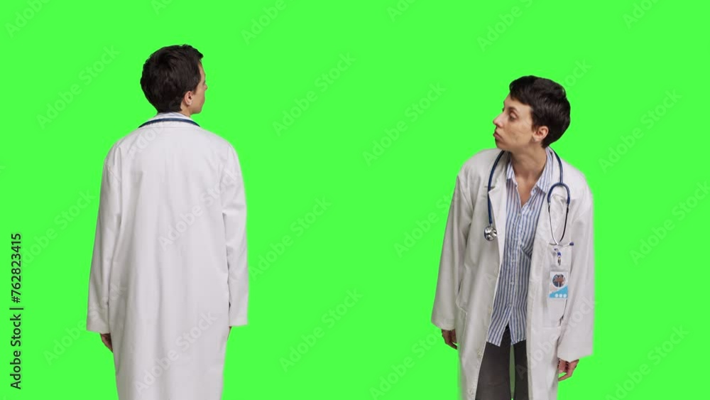 General practitioner feeling impatient waiting for patients at clinic, standing against greenscreen backdrop. Young physician with white coat looking around for people, medical exam. Camera B. General practitioner feeling impatient waiting for patients at clinic, standing against greenscreen backdrop. Young physician with white coat looking around for people, medical exam. Camera B.