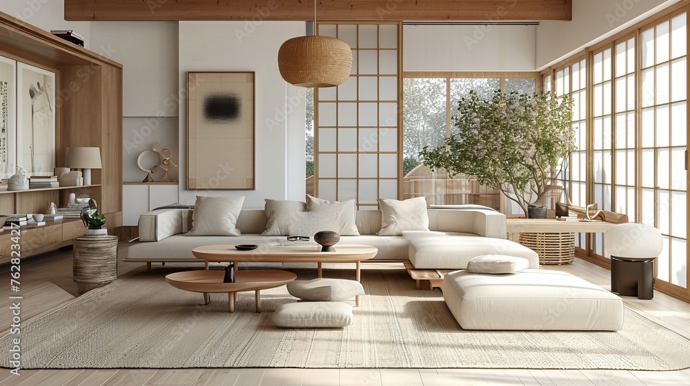 Neutral Japandi Living Room: Neutral-toned living room with a blend of Japanese and Scandinavian furniture for a balanced aesthetic.