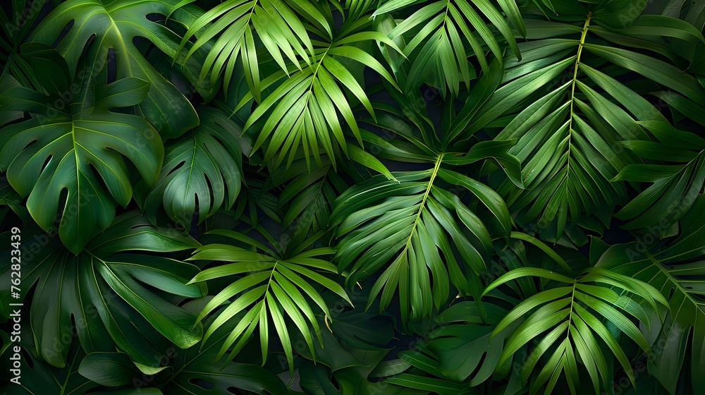 Tropical leaves background, top view of green leaves - obrazy, fototapety, plakaty 