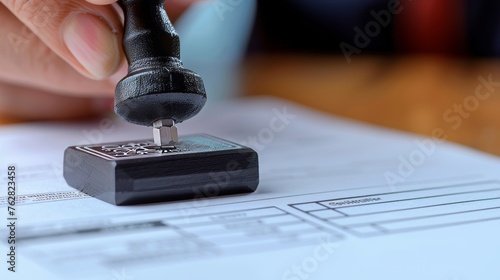 A close-up capturing the moment a document is officially approved with a stamp, signifying validation or endorsement in a professional setting  photo
