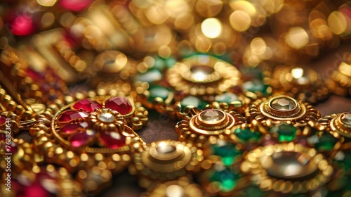 A close-up view of gold jewelry embellished with precious stones, showcasing their intricate designs