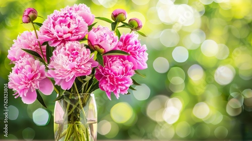 a vase filled with pink flowers sitting on top of a wooden table in front of a blurry green background.