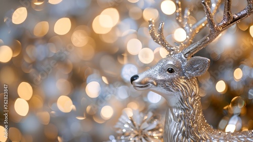 christmas deer silvery toy decoration with garland lights background