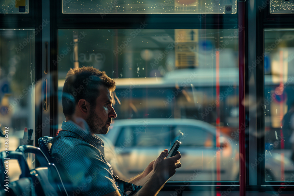 Obraz premium Focused Man on City Bus on Smartphone During Sunset