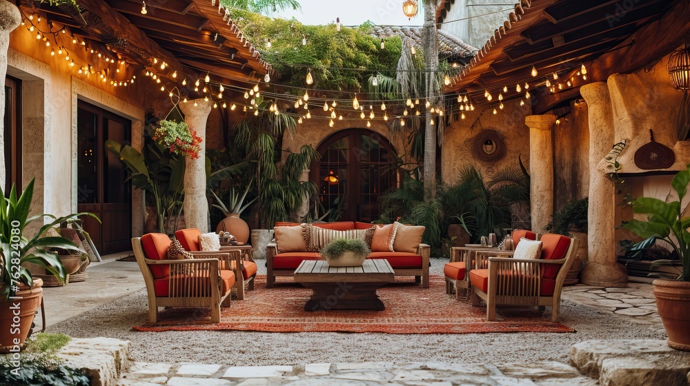 Outdoor lounge space with a Mediterranean vibe, featuring warm terra cotta furniture and festoon lights
Outdoor lounge space with a Mediterranean vibe, featuring warm terra cotta furniture and festoon lights