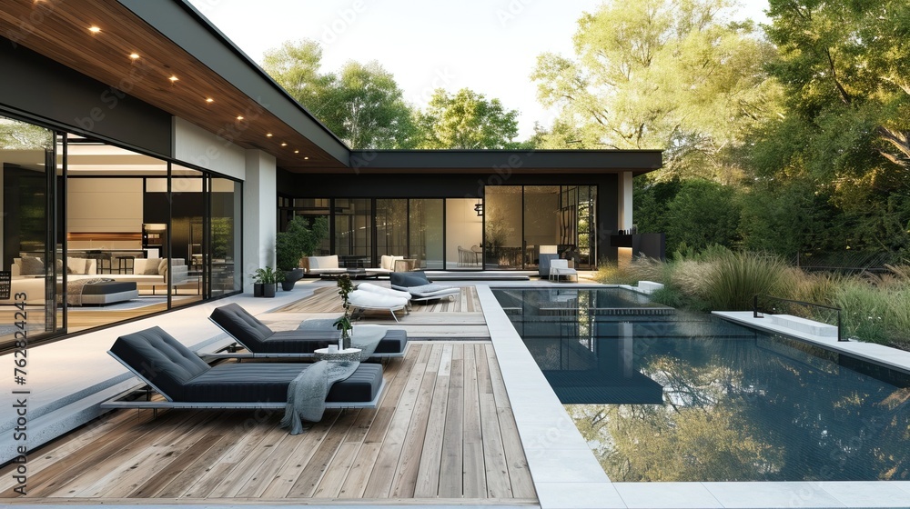 Fototapeta premium Outdoor pool area with Japandi-style landscaping, wooden decking, and minimalist seating